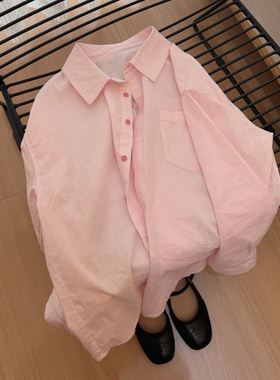 浅粉草莓心。JU好拳头面料系列！匹马棉亚麻混纺长袖衬衫女自制