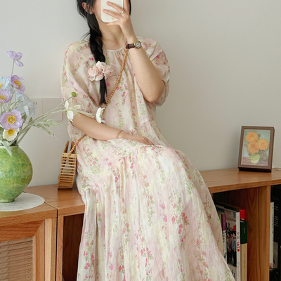 绿藤蔓粉蔷薇。定染天然工艺皱酵洗苎麻连衣裙女短袖2025夏自制
