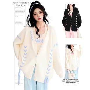 DUSK秋冬日系慵懒风小众百搭设计感蝴蝶绑带爱心开衫 毛衣外套女潮