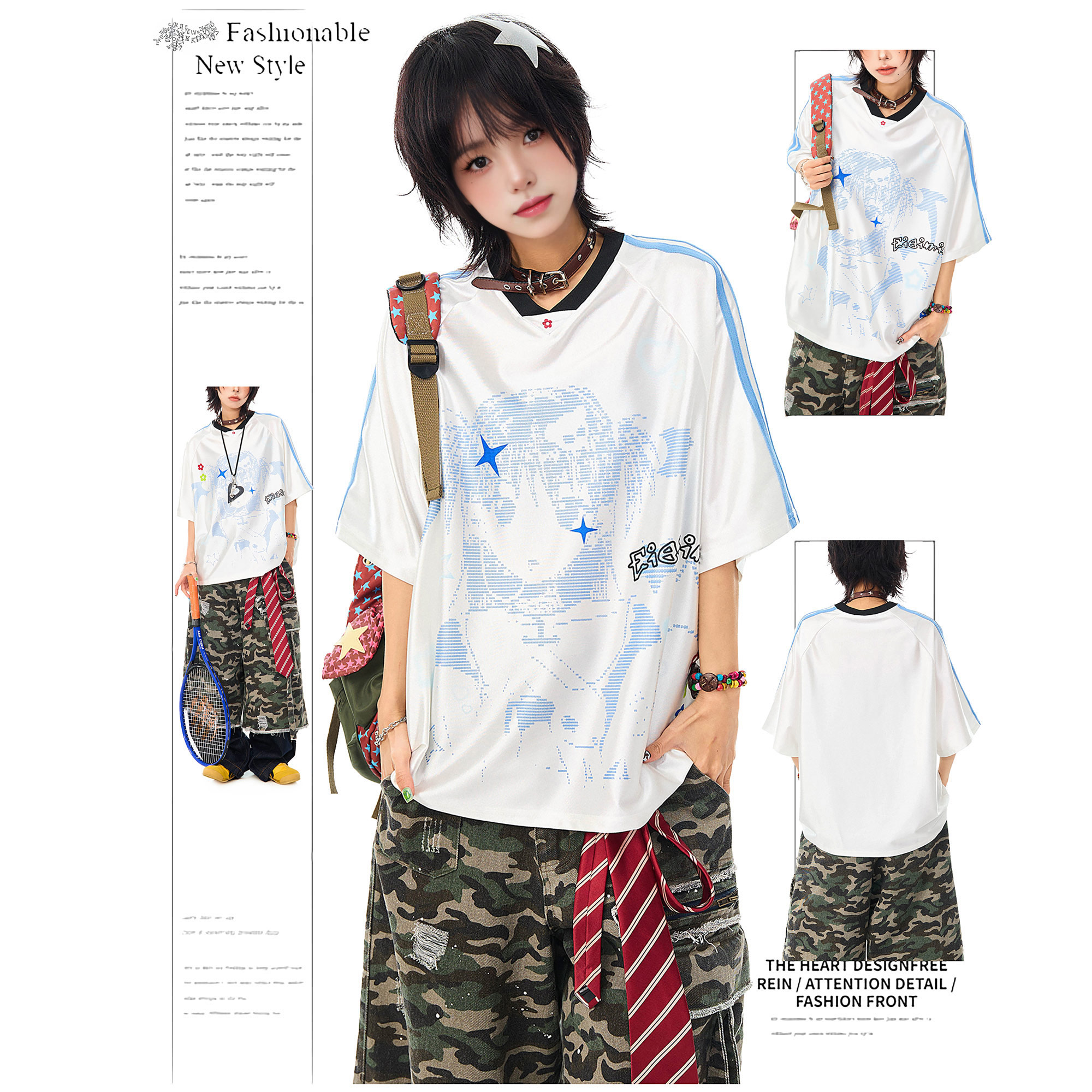 DUSK美式复古卡通印花少女球衣短袖T恤女夏季宽松拼接V领休闲上衣