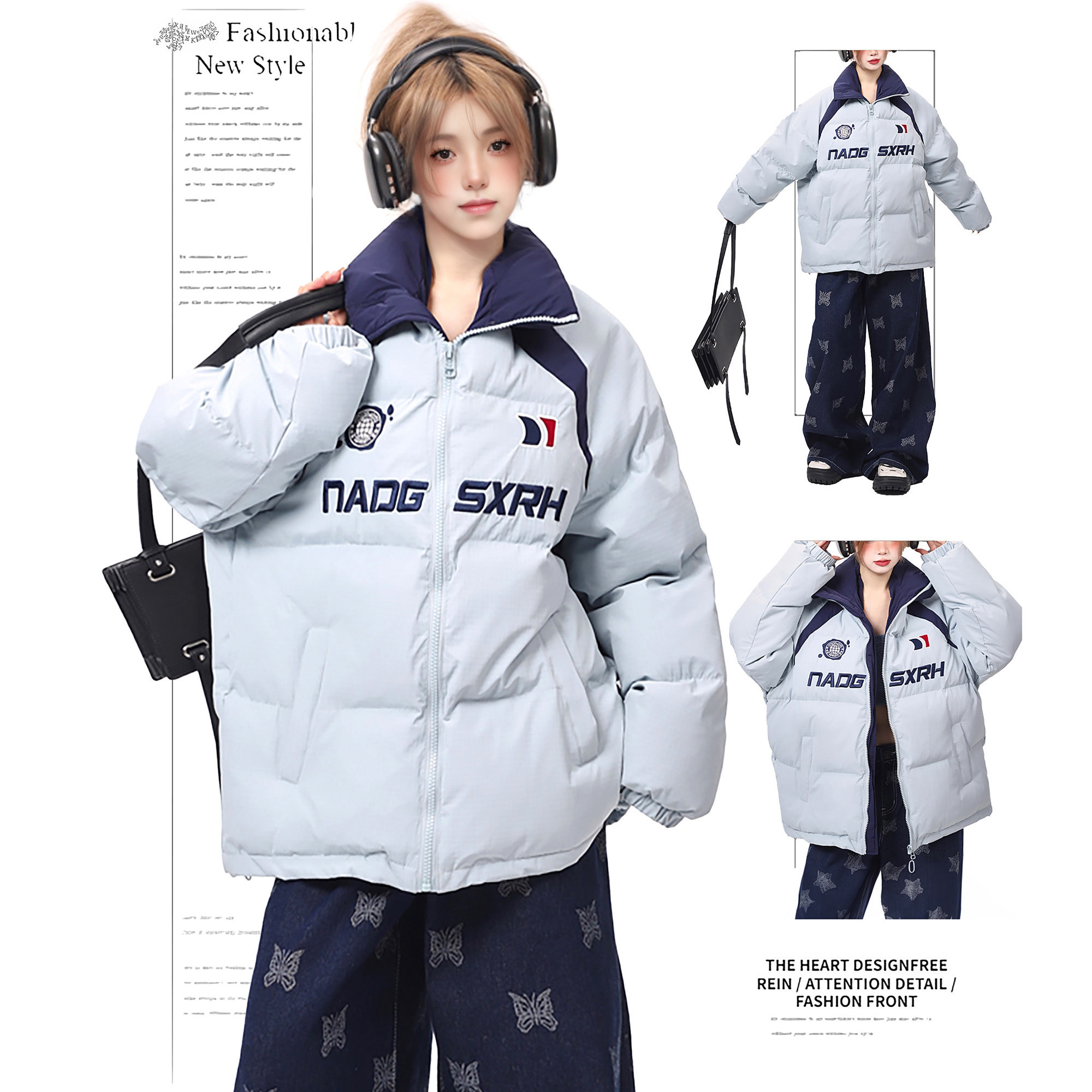 DUSK美式撞色插肩袖棉服女冬季新款立领棉袄宽松潮牌刺绣棉衣外套