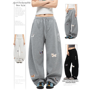 趣味小狗刺绣阔腿裤 长裤 女春秋直筒裤 卫裤 子 高级感休闲裤 DUSK美式