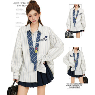 甜美复古学院风bm风长袖 女美式 衬衣上衣 高返校生条纹衬衫 DUSK美式