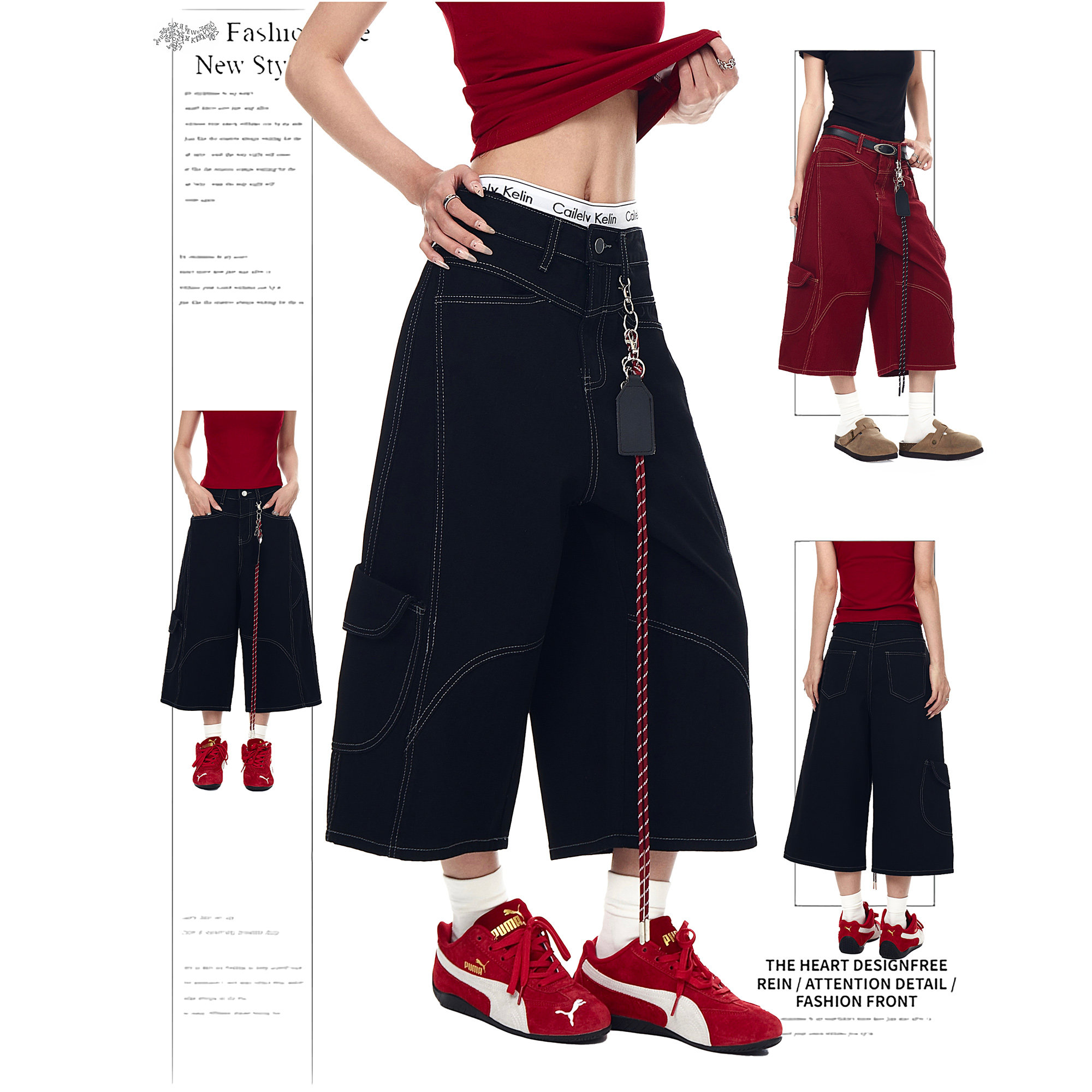 DUSK美式复古解构明线多口袋工装短裤女夏设计感宽松牛仔七分裤子