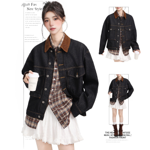 撞色翻领百搭休闲上衣 新款 DUSK美式 复古丹宁牛仔夹克外套女春秋季