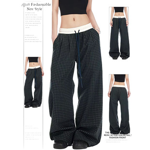 子 女复古慵懒阔腿宽松设计感运动休闲裤 DUSK美式 格子松弛感休闲裤