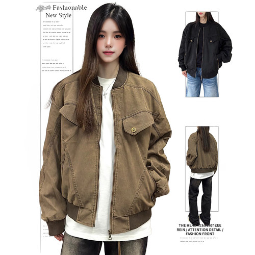 DUSK美式复古工装夹克棉服女秋冬季新款休闲宽松保暖夹棉外套上衣