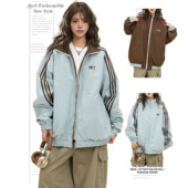 DUSK三条杠双面穿夹克女春秋宽松bf美式 复古运动棒球服学院风外套