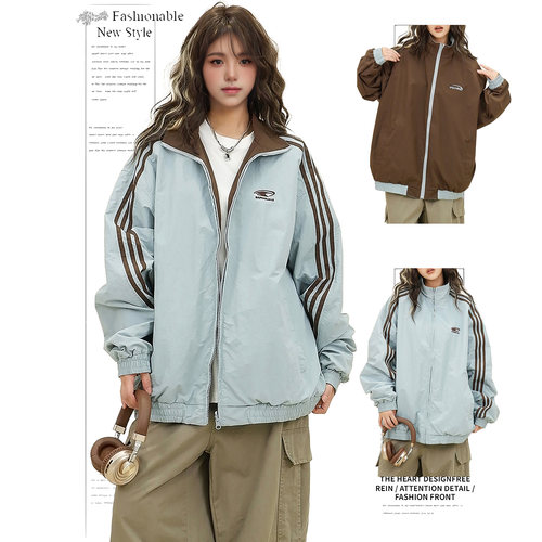 DUSK三条杠双面穿夹克女春秋宽松bf美式复古运动棒球服学院风外套