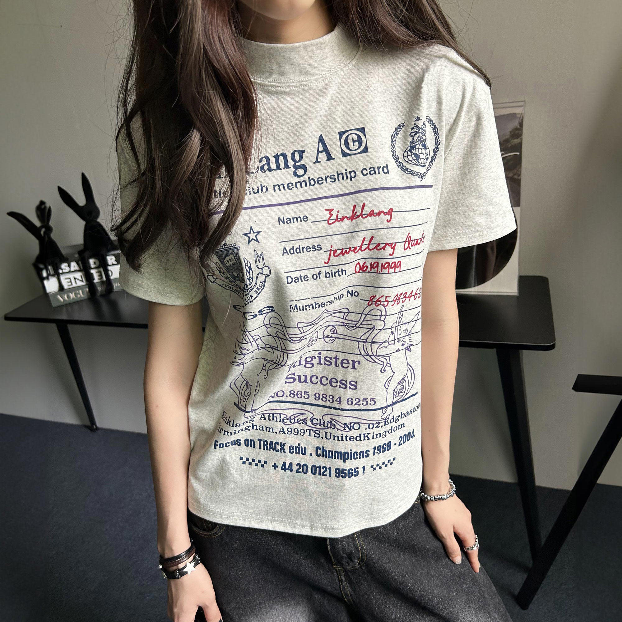 DUSK 美式复古印花正肩短袖T恤女高街头小高领显瘦夏季国潮牌上衣