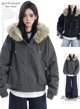 DUSK国潮座山雕外套女毛领拼接外套冬派克服cleanfit短款加绒棉衣