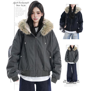 DUSK国潮座山雕外套女毛领拼接外套冬派克服cleanfit短款 加绒棉衣