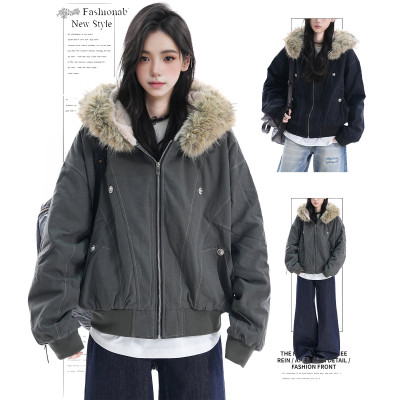 DUSK国潮座山雕外套女毛领拼接外套冬派克服cleanfit短款加绒棉衣