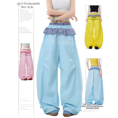 DUSK多巴胺格纹花边阔腿裤女夏美式复古轻薄速干字母刺绣工装裤子