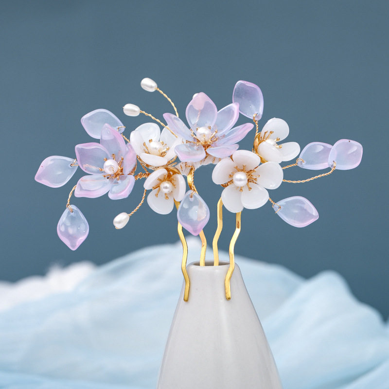 新款汉服发型发梳头饰琉璃花朵古风盘发少女超仙古典步摇手工配饰