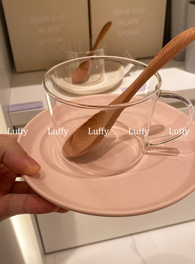 日本francfranc耐热玻璃汤杯木勺子套装