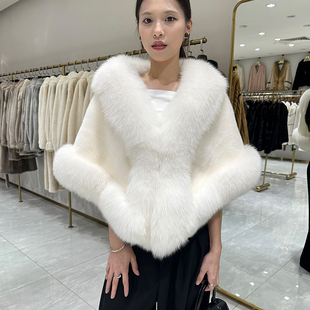 韓版 高級感名媛貴氣披肩皮草 新款 十字狐水貂整皮外套女2024秋冬季