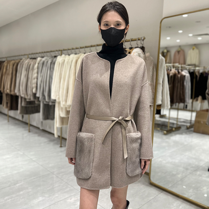 气质水貂毛口袋羊绒皮草大衣