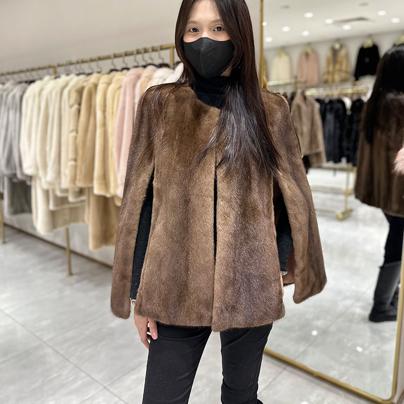 美拉德复古水貂时尚休闲进口貂皮大衣女高级紫标天鹅绒斗篷外套潮