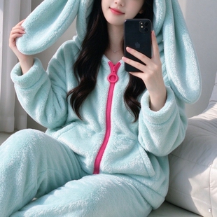 兔耳朵连帽睡衣女生秋冬加厚保暖家居服长毛绒可爱拉链珊瑚绒套装