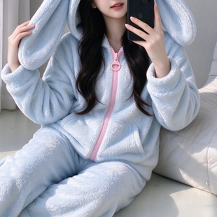 2026新款兔耳朵连帽睡衣女秋冬加厚保暖拉链家居服长毛绒可爱套装