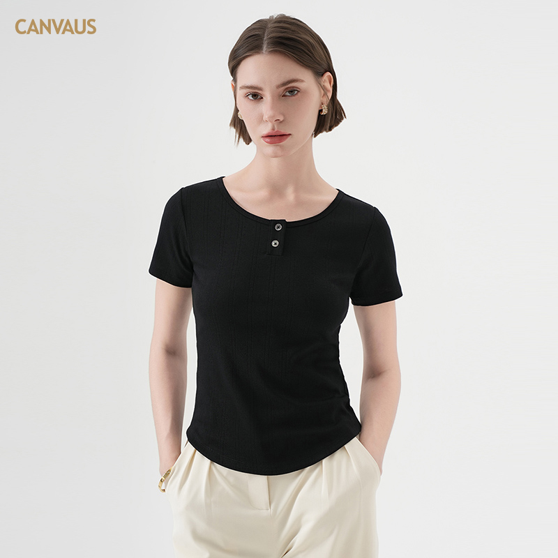 CANVAUS韩版短袖圆领t恤女夏季新款纯色纽扣修身显瘦女士百搭上衣
