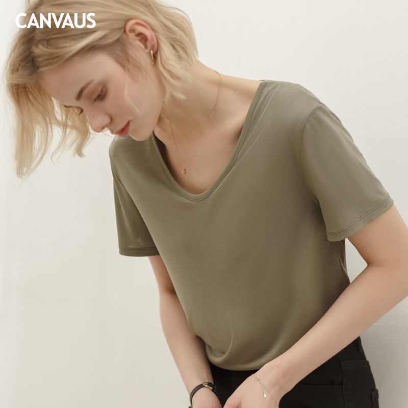 CANVAUS宽松莫代尔鸡心V领大码BF风休闲白色纯色T恤上衣女潮K262A