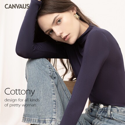 奥特莱斯品牌折扣 CANVAUS秋冬薄款烟囱领内搭紧身打底T恤上衣女