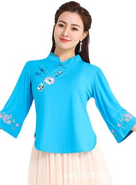 广场舞服装中袖舞蹈服上衣中国风新中式刺绣喇叭袖上衣古典舞蹈衣