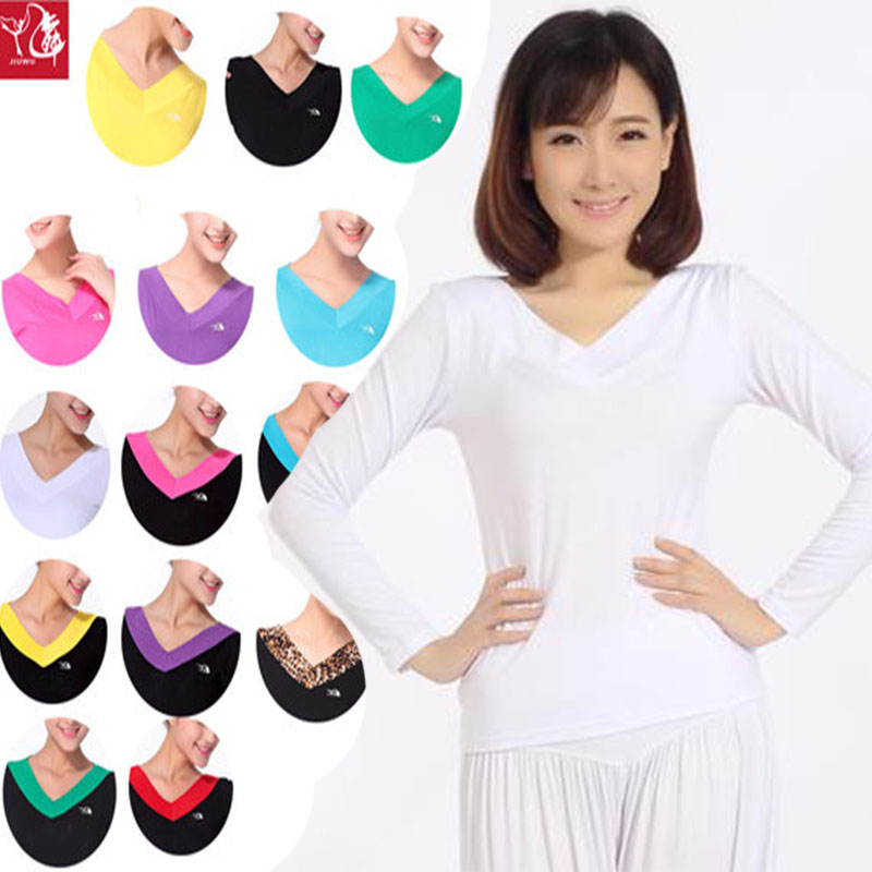 新款广场舞上衣女长袖秋冬白色莫代尔V领修身形体舞蹈练功服大码