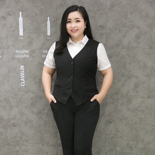 大码女装黑色职业装马甲女款春季短款无袖背心胖mm西装马夹 藏青