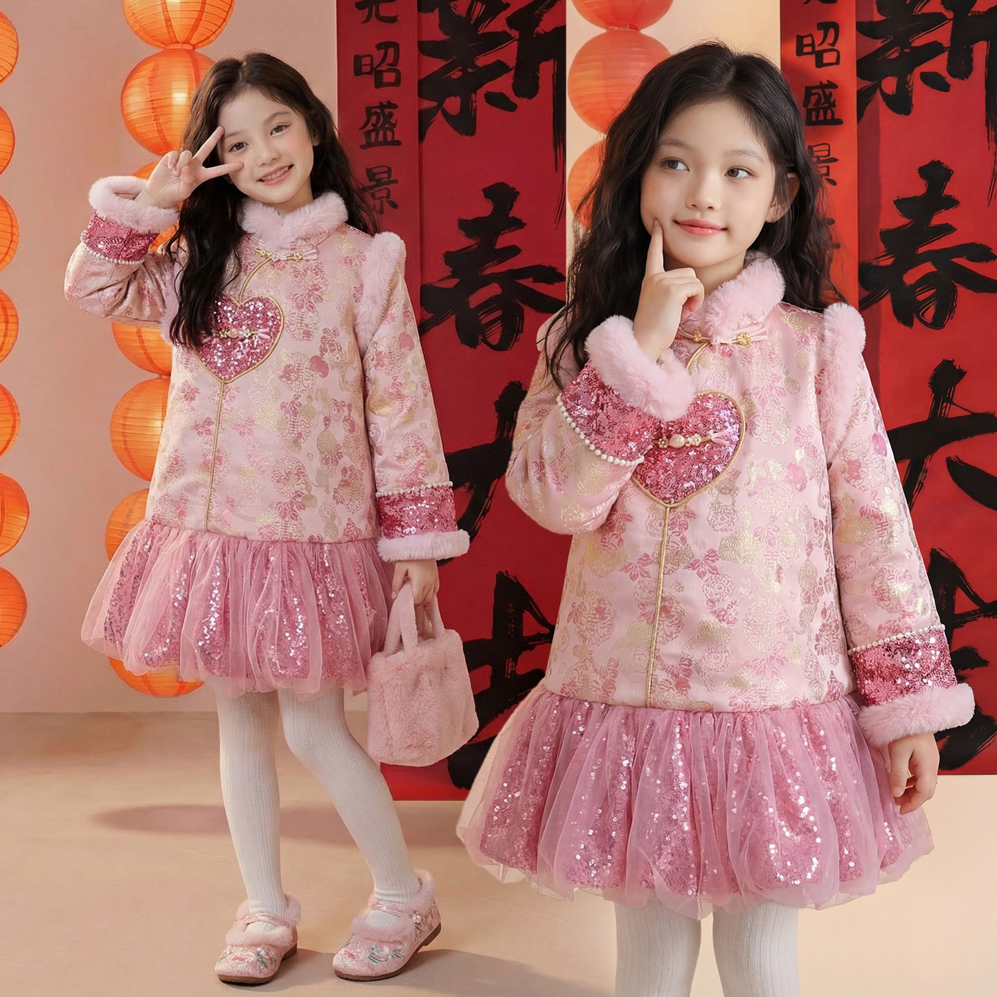 女童旗袍裙冬装2025新款儿童加厚裙子国风拜年服女大童冬季公主裙