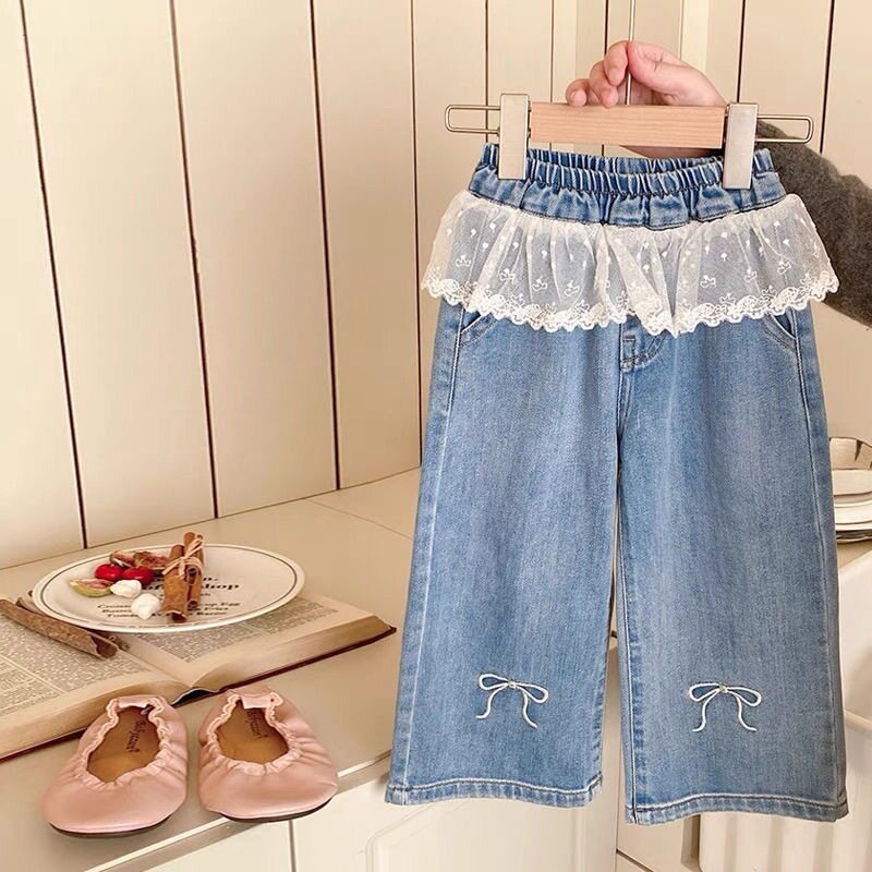 春秋女童装牛仔裤宝宝洋气儿童个性潮牌蝴蝶结蕾丝网纱花边阔腿裤