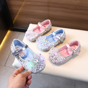 2025春季新款儿童鞋批发女童水钻蝴蝶结中童卡通闪灯可爱公主鞋子