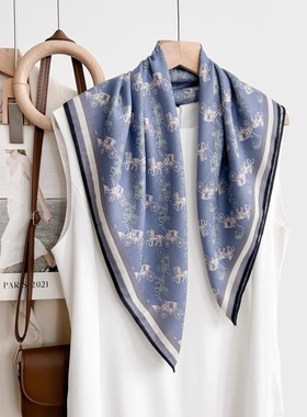 双面异色牛仔马车复古气质蓝色女时尚百搭披肩65小方巾新款丝巾