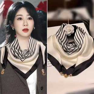 韩版条纹小方巾丝巾女春秋磁吸扣三角巾衬衫护颈围脖薄款围巾领巾