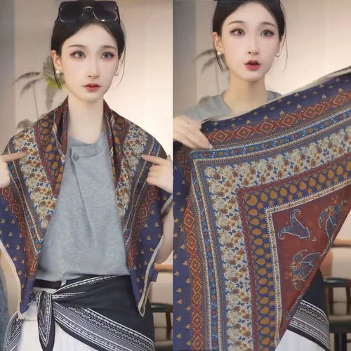 叙蓝85x85左右双面异色丝巾方巾