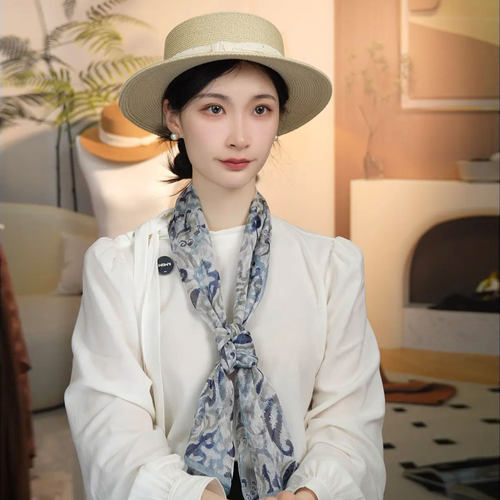 夏季青黛水纹西丽纱飘带丝巾领巾