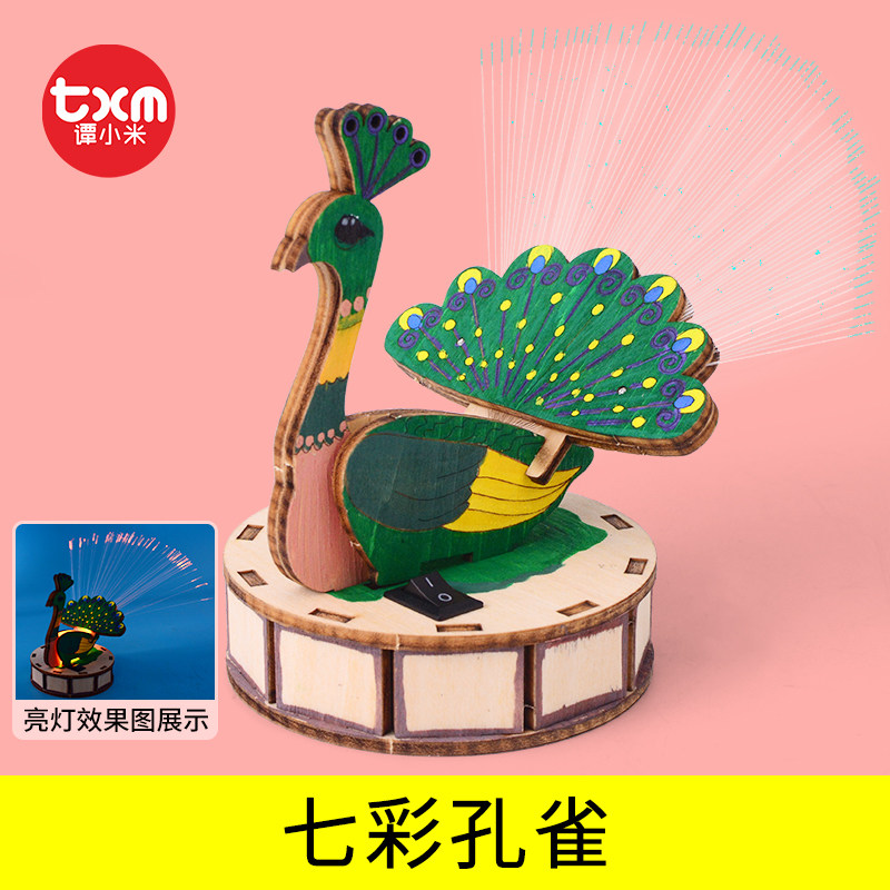 七彩孔雀开屏光纤灯手工教具科技小制作diy儿童拼装科学发明材料