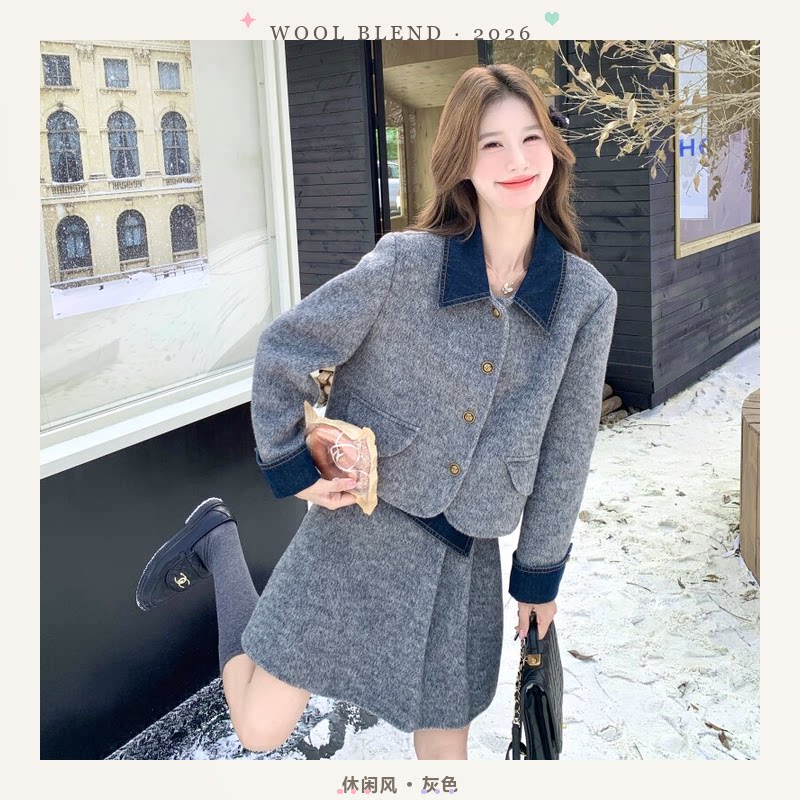 牛仔拼接双面呢羊毛大衣女两件套