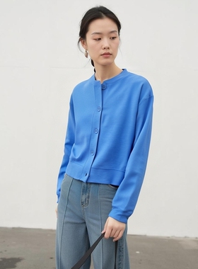 春季新款开衫纯色圆领长袖外套女装外搭韩系上衣棒球服宝石蓝色