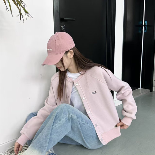 egg2025春秋新款女装韩版圆领棒球外套休闲开衫上衣短款卫衣长袖