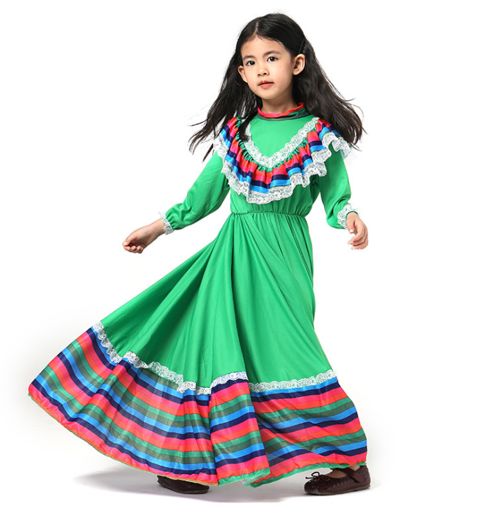幼儿园儿童节民族服饰传统墨西哥民族舞蹈大摆群长裙女孩演出服装