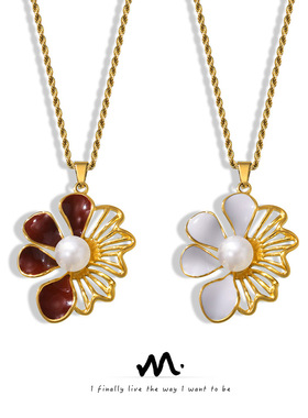 欧美简约个性砝码彩釉设计感花朵吊坠钛钢麻花链气质优雅贝珠项链