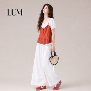 LUM 复古假两件波点吊带上衣阔腿裤套装女夏季新款气质减龄两件套