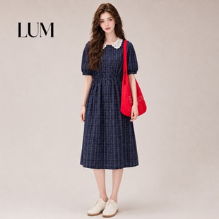 LUM 韩系学院风格子娃娃领连衣裙女夏季新款收腰显瘦减龄a字长裙