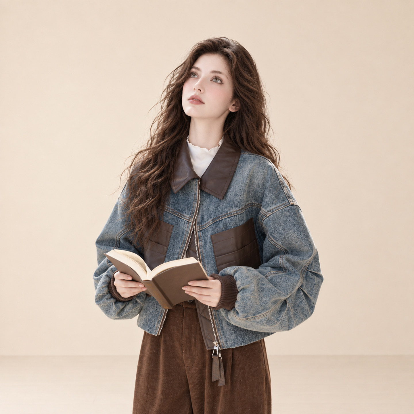 LUM 复古设计感pu皮拼接牛仔羽绒服女冬季短款羽绒内胆夹克外套潮