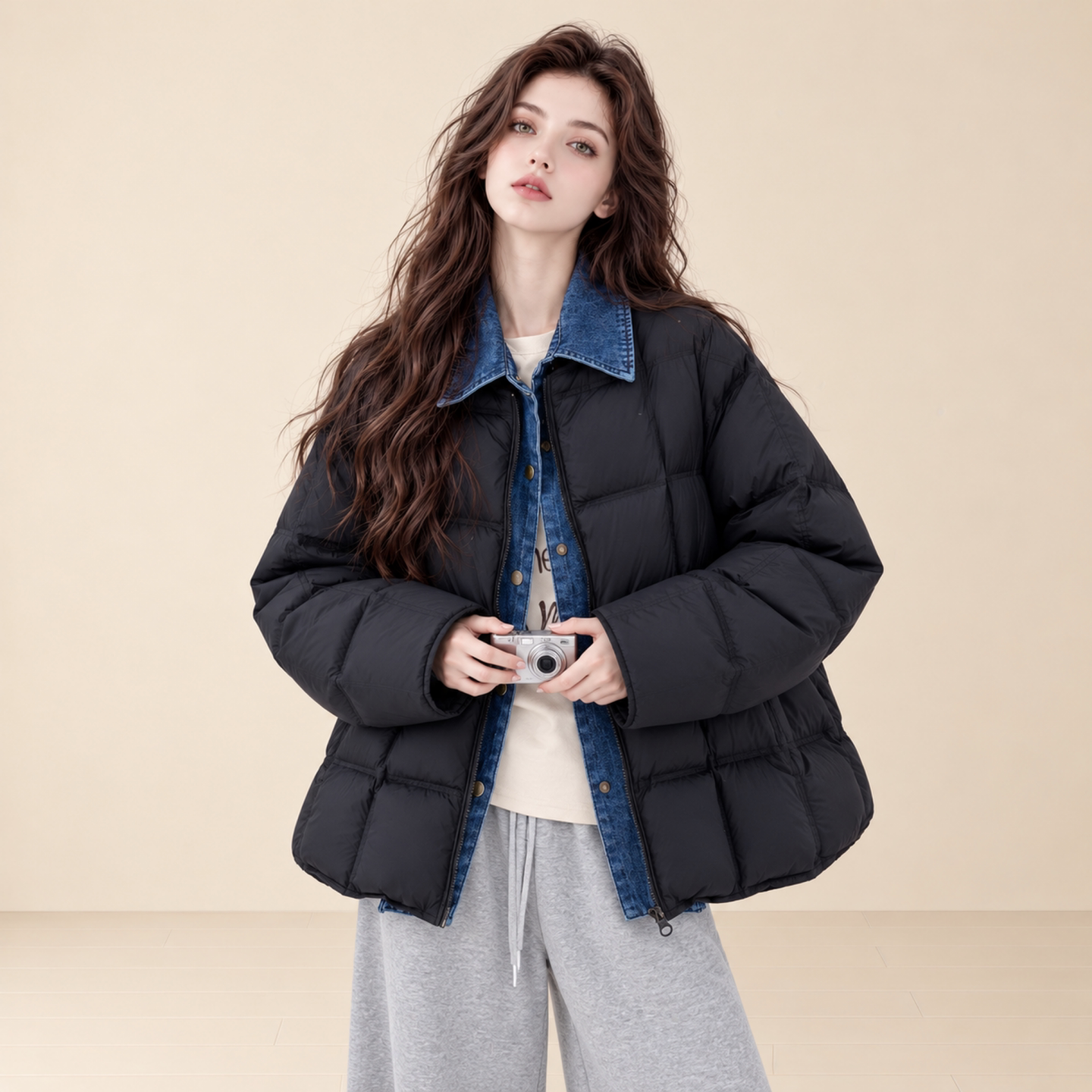 LUM 黑色假两件牛仔拼接翻领羽绒服女冬季休闲百搭不臃肿保暖外套