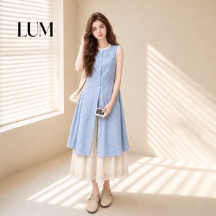 LUM 森系减龄格纹无袖背心裙蕾丝阔腿裤两件套女夏高级感叠穿套装