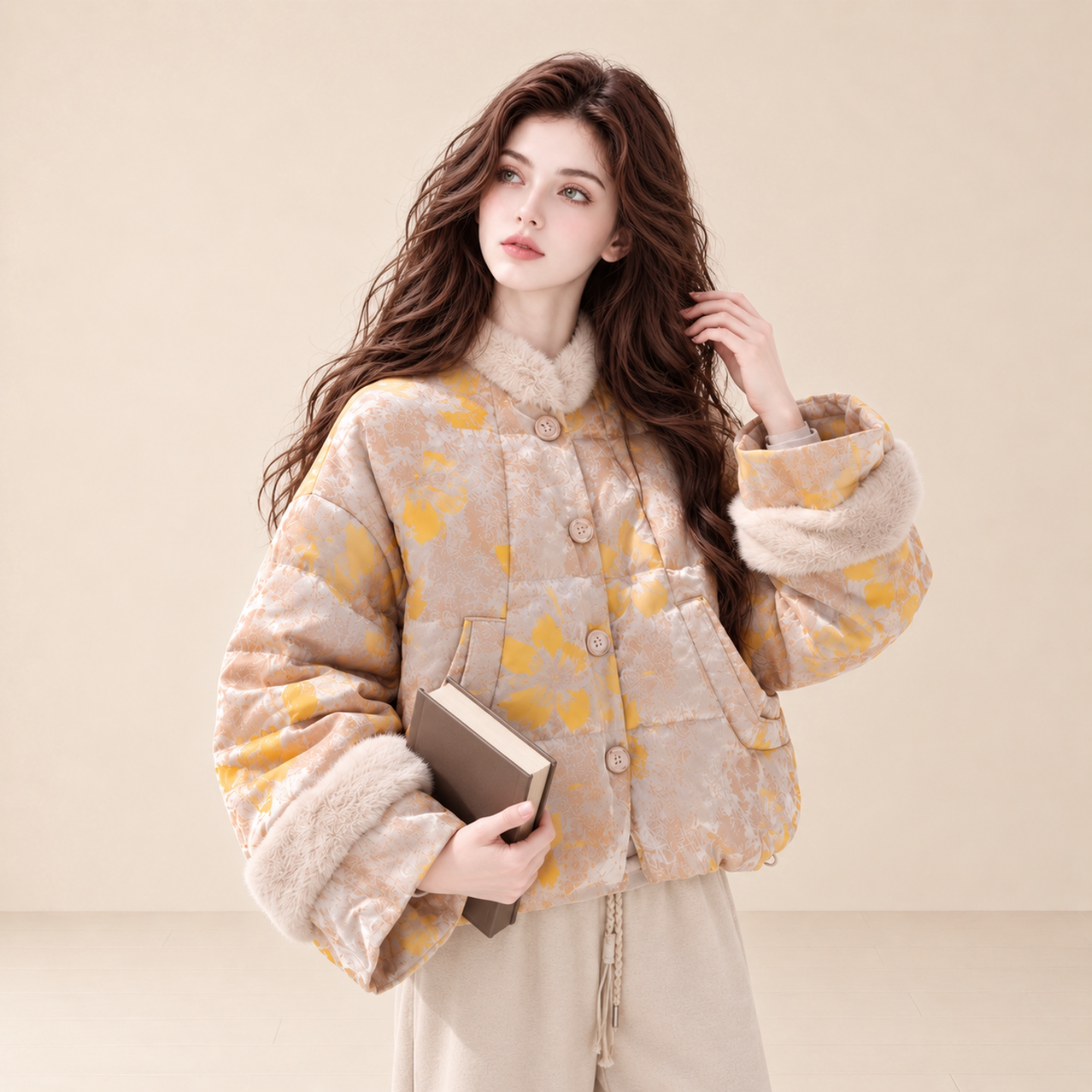 LUM 新中式毛绒拼接印花羽绒服女冬今年流行90白鸭绒巨好看短外套